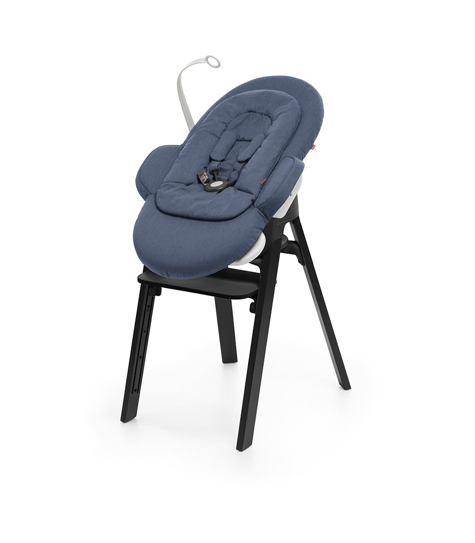 Stokke&reg; Steps&trade; Oak Black with Black Seat and footrest. Bouncer with Newborn Insert, Blue.